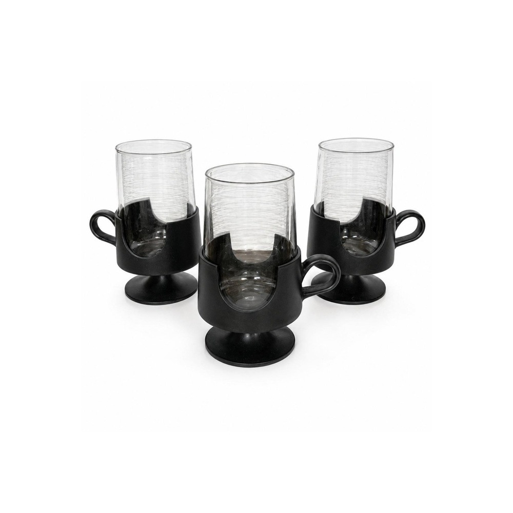Set of 3 Vintage 1970s Corning Ware Glas-Snap Glass Cups Mugs w/ Footed Holders